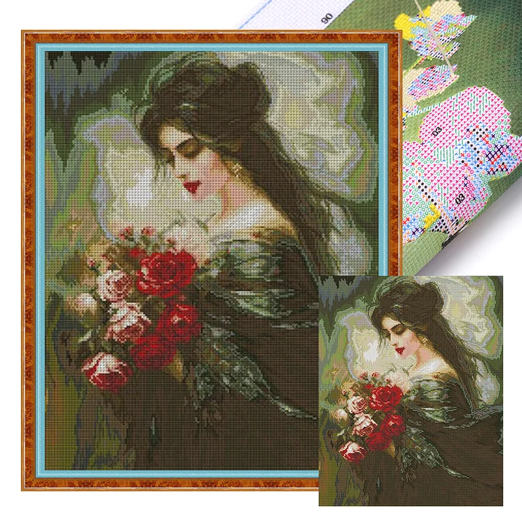Joy Sunday- Beautiful girl smelling flowers 3- 14CT - 2 Strands Threads Printed Cross Stitch - 41*48cm(Canvas)