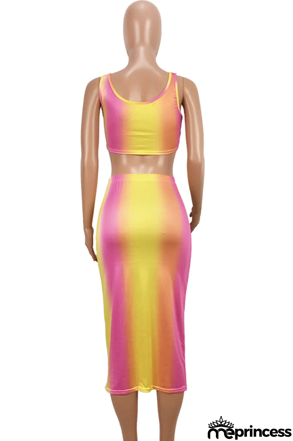 Ombre Sexy Fashion Tank Sleeveless O neck Step Skirt Mid-Calf hollow out Print Fluorescent hole backless