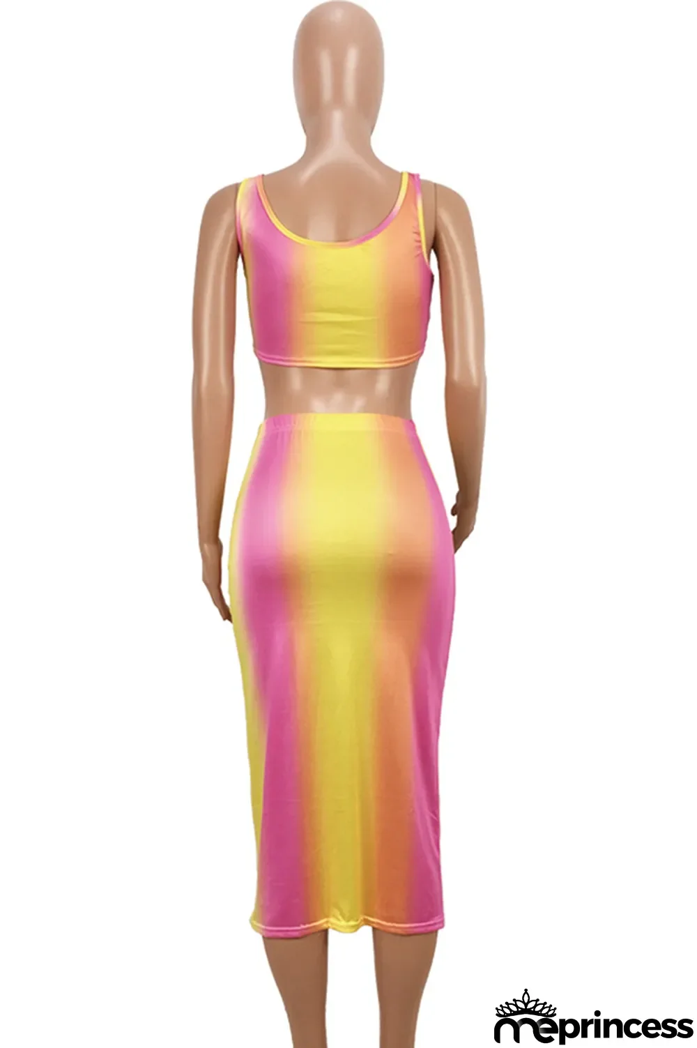 Ombre Sexy Fashion Tank Sleeveless O neck Step Skirt Mid-Calf hollow out Print Fluorescent hole backless