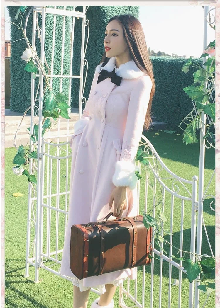 Light Pink Sweet Winter Woolen Double Breasted Maxi Long Dress Coat SP13263