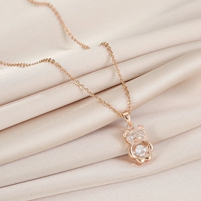 Cute Sweet Little Bear Titanium Steel Plating Inlay 18K Gold Plated Zircon Pendant Necklace
