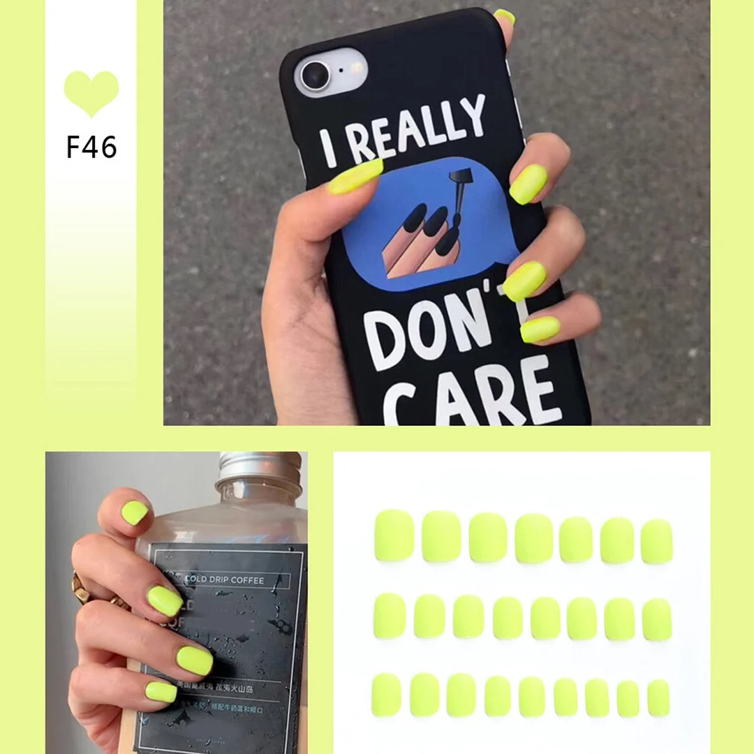 24pcs/box Full Cover fake Press on Nails Matte Yellow Pure Acrylic Frosted Ballerina acrylic for nails for Women free shipping-Nail Inspo