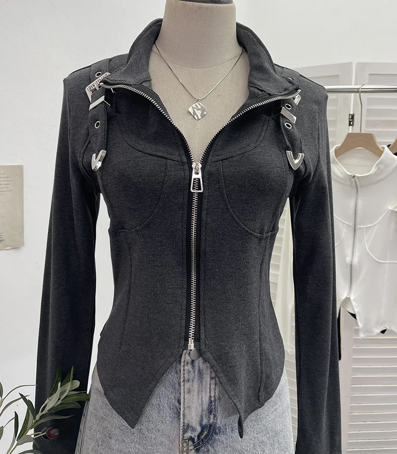 Brownm Real Shooting Irregular Zipper Collar Short Small Coat With Long Sleeves And Bottom Shirt 2680