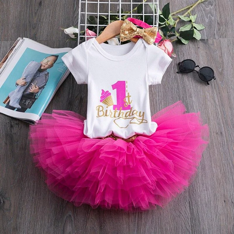 1st Birthday Outfits Baby Girl Clothes Fluffy Children Ballet Skirts with Headband Cotton Romper Infant Clothing Suits for Party