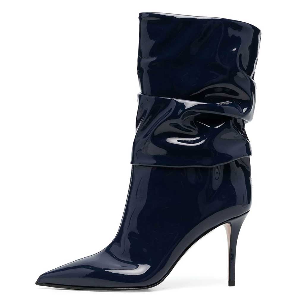 Patent Leather Pointed Toe Stiletto Heel Slouch Boots in Navy