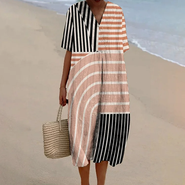 Women's Abstract Stripe Print Flowy Linen Dress
