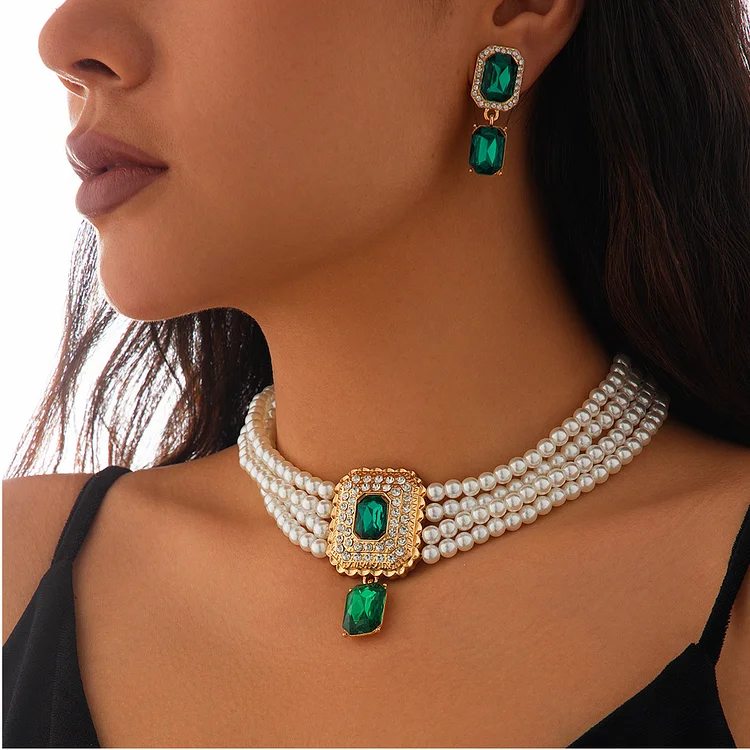 Elegant Rhinestone Beaded Multi-Layer Necklace & Earrings 2Pcs Set