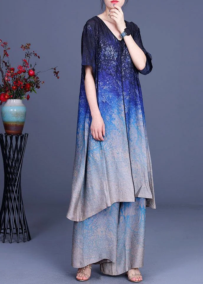 2021 Print Gradient Top + Wide Leg Pants Two Piece Set