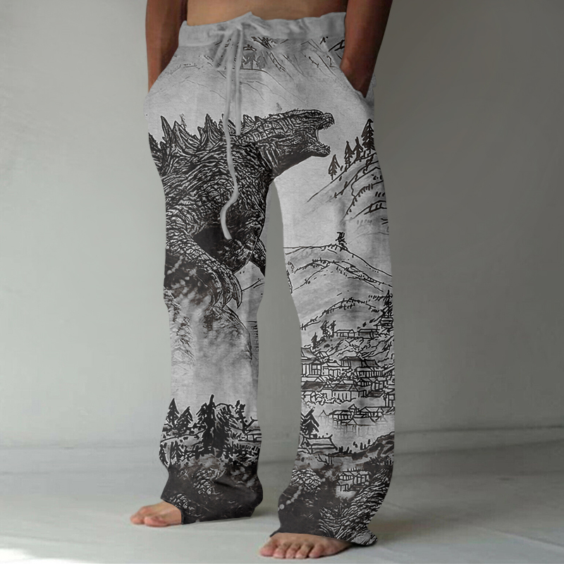 Comstylish Vintage Godzilla Japanese Art Linen Blend Casual Pants