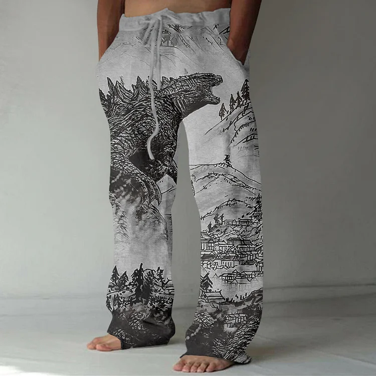Vintage Godzilla Japanese Art Linen Blend Casual Pants