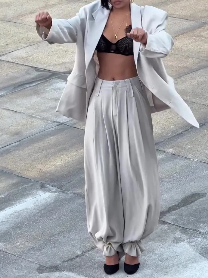 Casual Loose Solid Color Suit Jacket Wide Leg Pants Suit