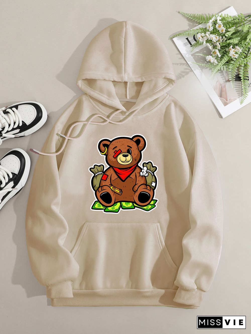 Printed on front Kangaroo Pocket Hoodie Long Sleeve for Women Pattern One-eyed bear and US dollar