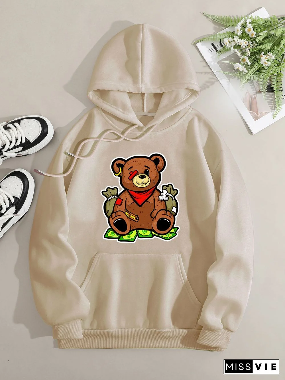 Printed on front Kangaroo Pocket Hoodie Long Sleeve for Women Pattern One-eyed bear and US dollar