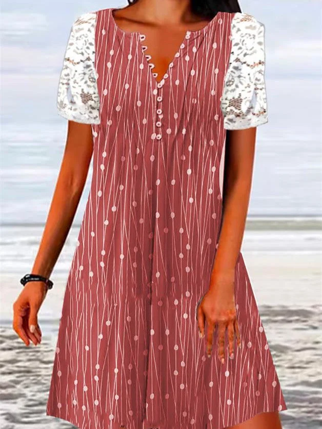 Women's Lace Short Sleeve V Neck Button Polka Dot Casual Dress