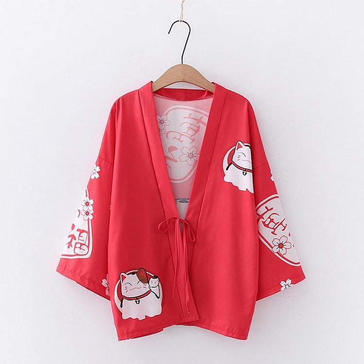Lucky Cat Sakura Print Japanese Loose Outerwear Kimono - Modakawa Modakawa