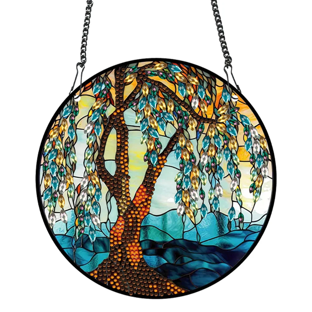 DIY Willow Tree Acrylic Single-Sided Round Diamond Painting Hanging Pendant