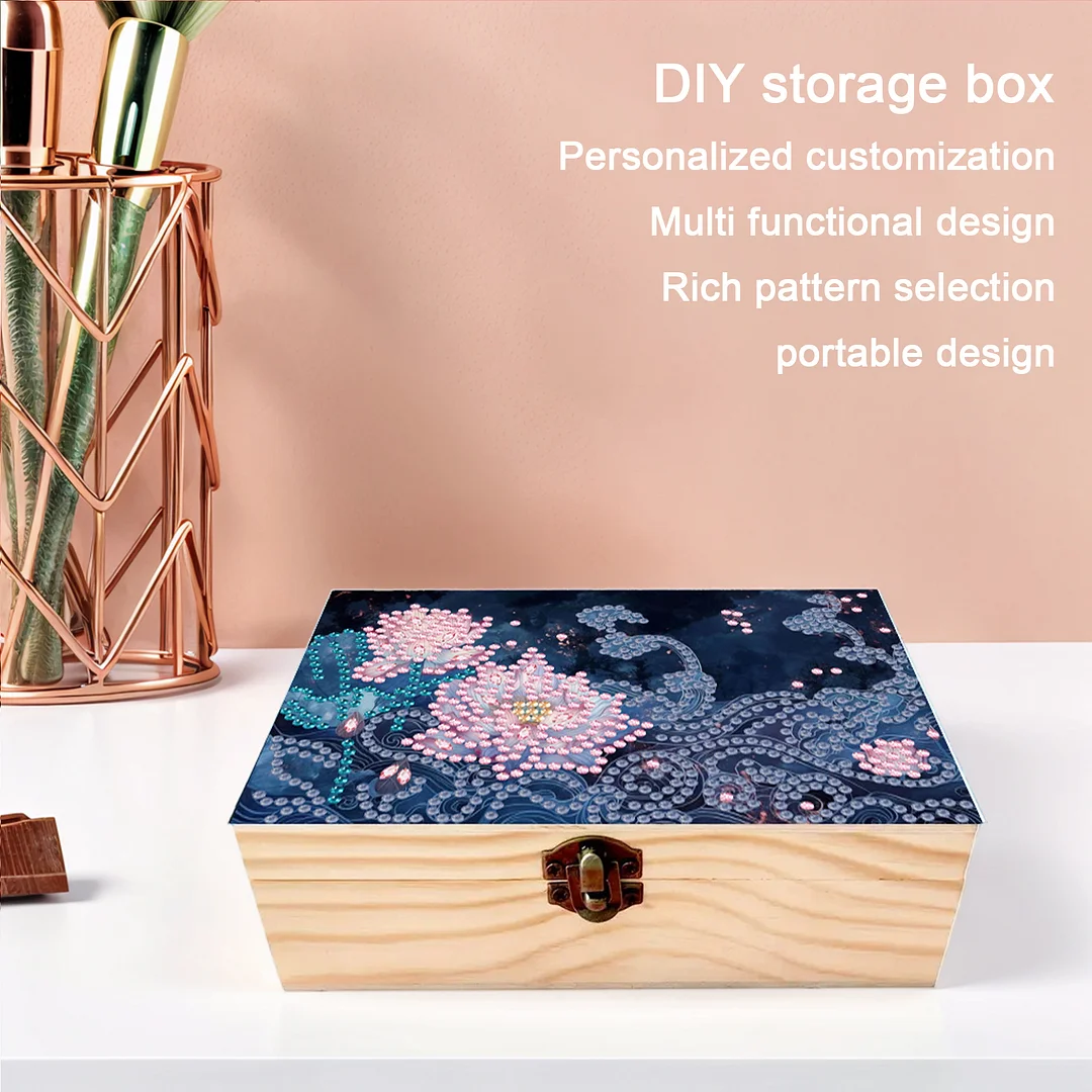 5D DIY Diamond Painting Handmade Wood Storage Box for Home Decor Craft (Lotus)