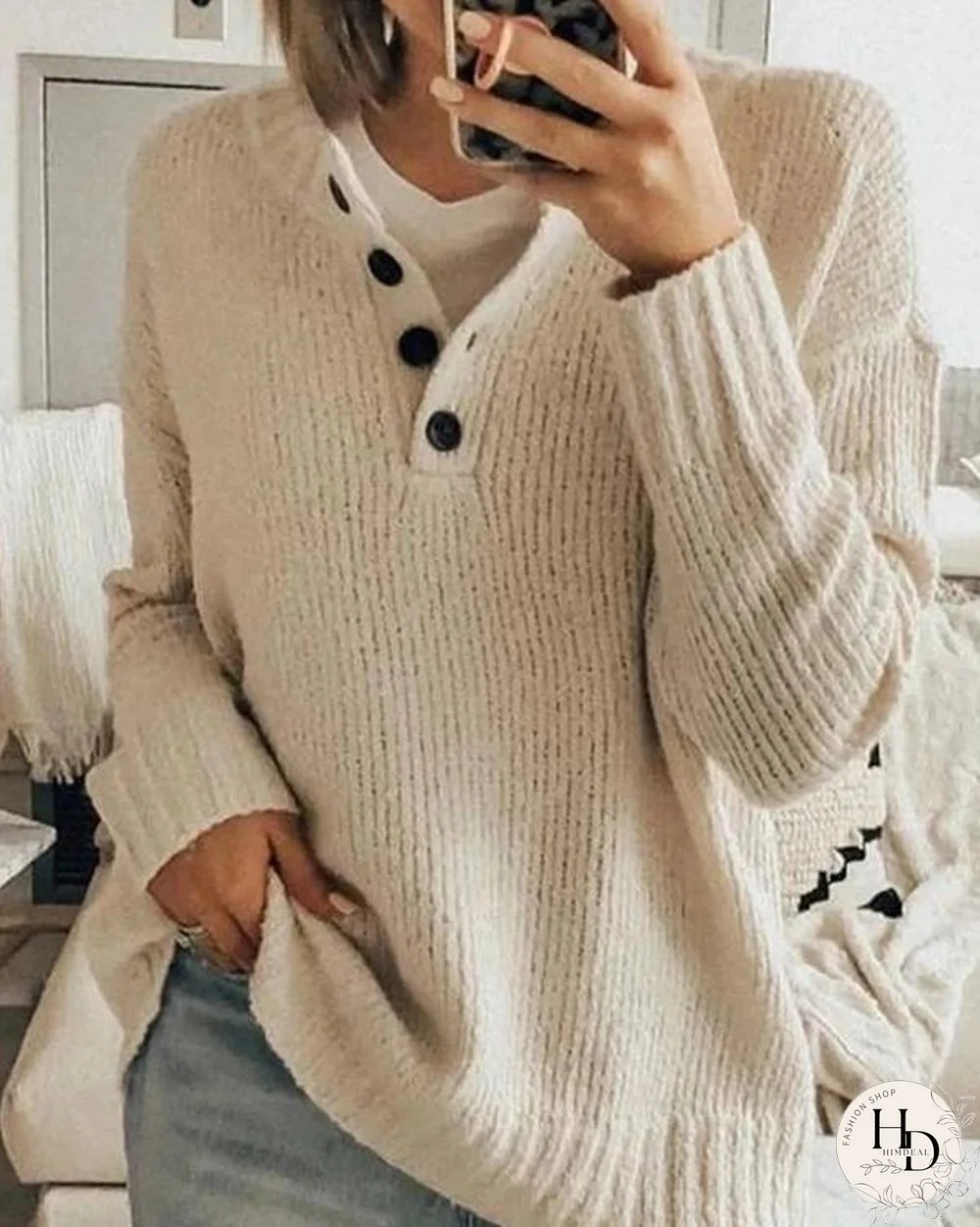 Button Mid-Length Long Sleeve Sweater