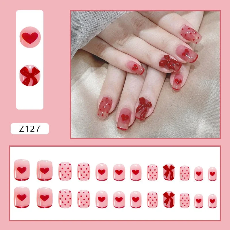 24Pcs/Box Coffin Red Bow Decal Short False Nails Detachable Cloud Pearl Colorful Fake Nails Square Level Women Fashion Nail Tips