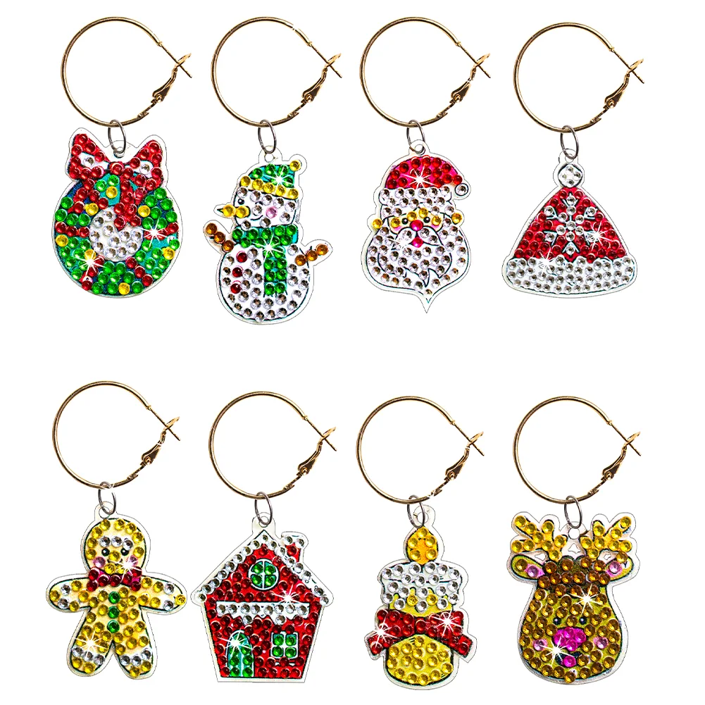 8pcs Diamond Painting Art Pendant Santa Diamond Wine Glass Charms Snowman Wreath
