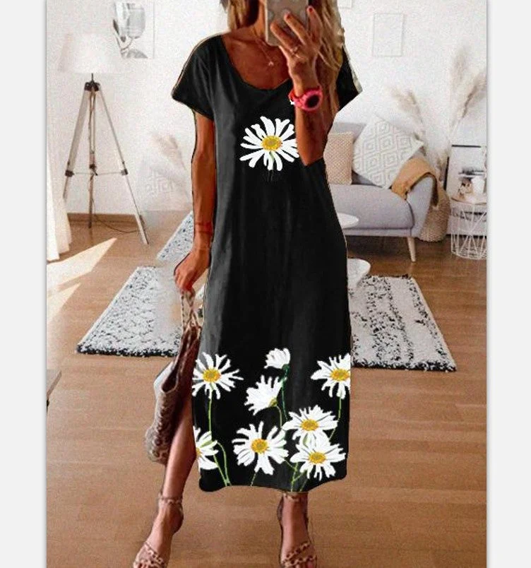 Women's Shift Dress Maxi long Dress - Short Sleeve Daisy Floral Clothing Print Summer Hot Casual vacation dresses Loose Black Blue Yellow Gray S M L XL XXL 3XL
