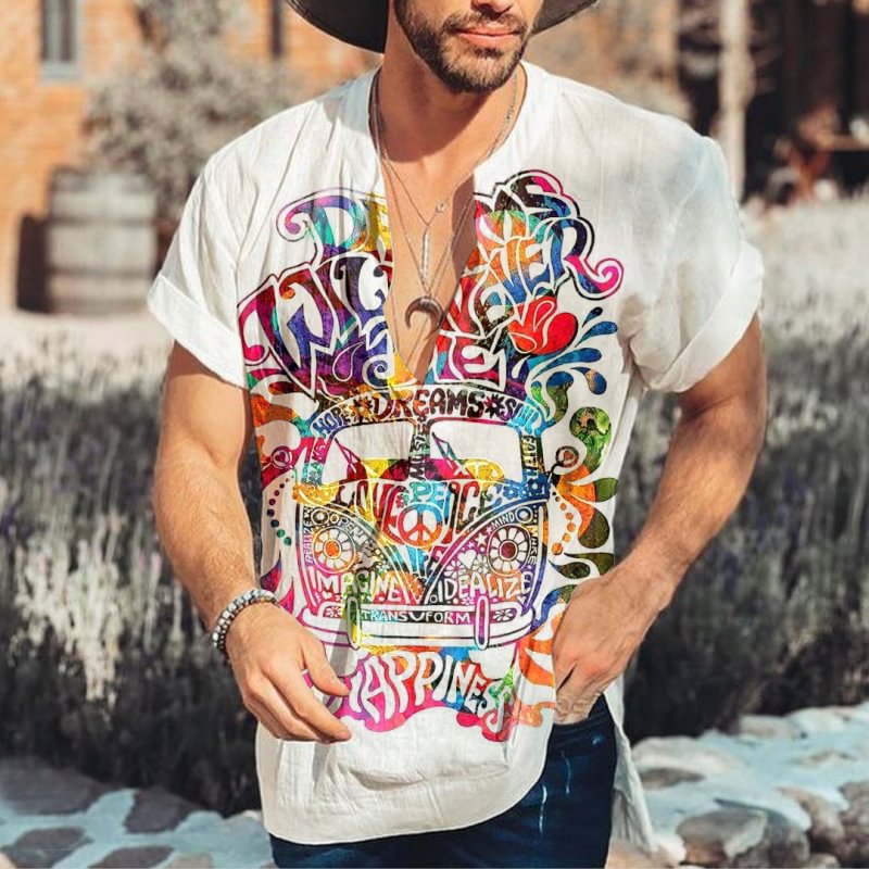 Printed men's  hippie cotton linen short sleeved shirt top