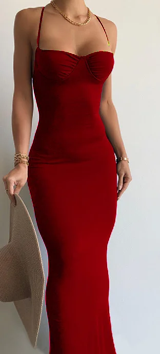 Athvotar Athvotar Thin High-Rise Sleeveless Bagted Hip Dress New Cross-Sling Long Dress Fishtail Dress