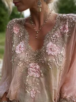 Boho Glitter Pink Flowers Embroidered Lace Flowy Tunic