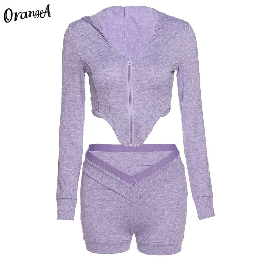 OrangeA women tracksuit fitness long sleeve v-neck zipper crop top biker shorts two piece outfits sporty fitness slim streetwear
