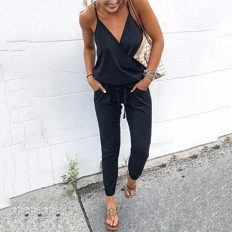 2020 Summer Women Holiday Casual Sleeveless Jumpsuits Fashion Ladies Solid Color Bodysuit Wide Leg Loose Long Pants Trousers
