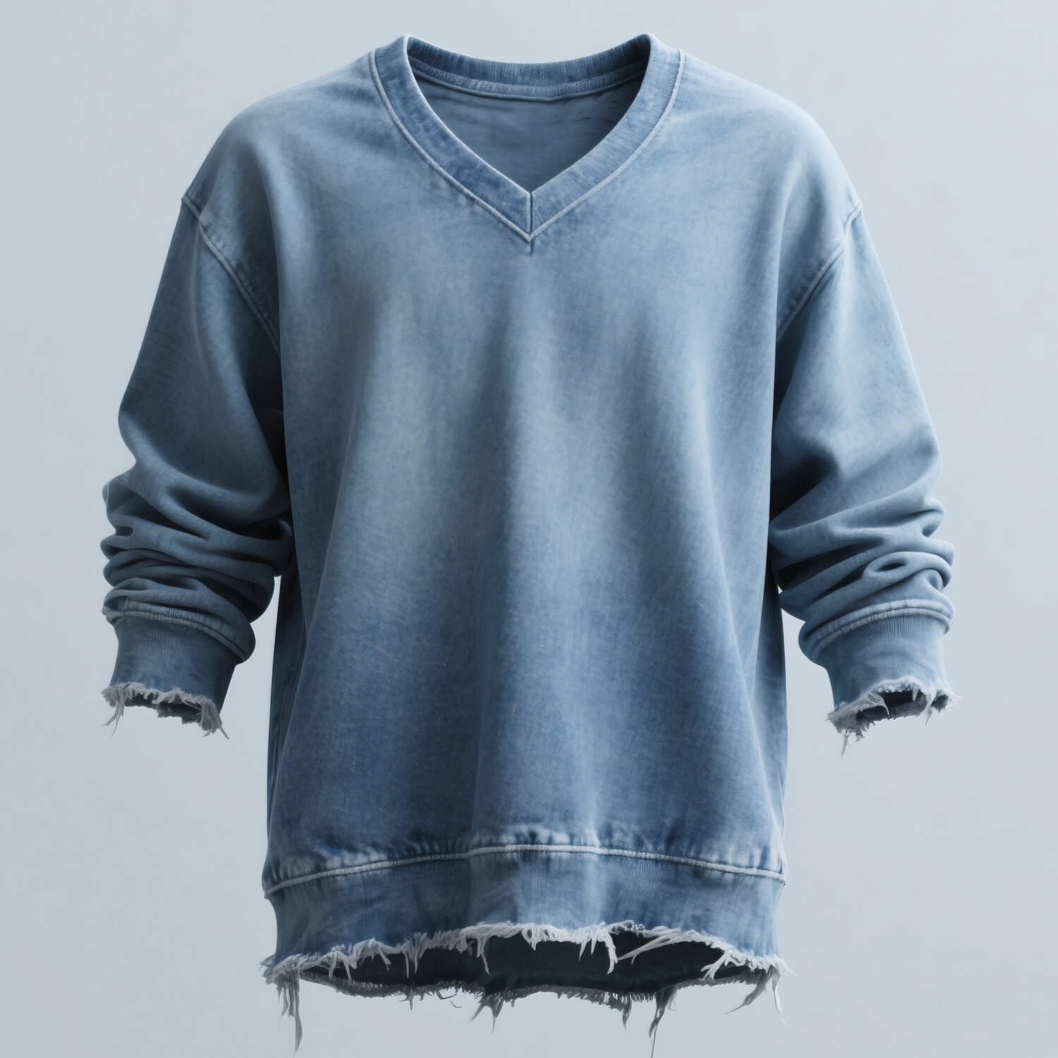Men's Casual V Neck Long Sleeve Raw Edge Denim Sweatshirt