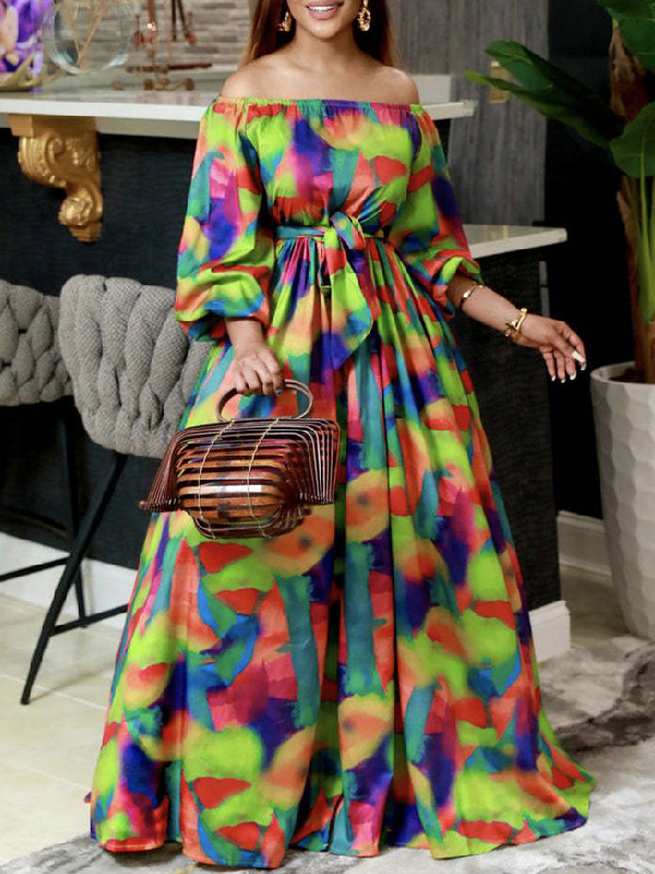 Off-The-Shoulder Maxi Dresses with Puff Sleeves and Printed Tied Waist