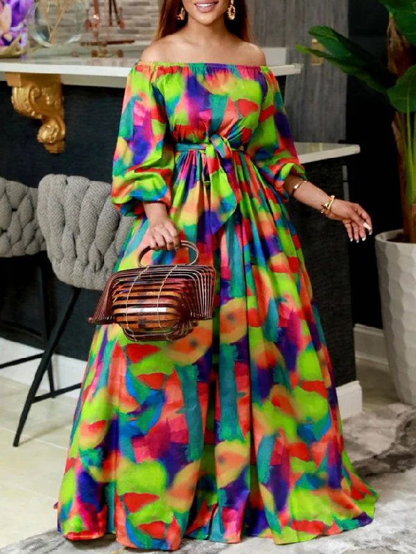 Off-The-Shoulder Maxi Dresses with Puff Sleeves and Printed Tied Waist