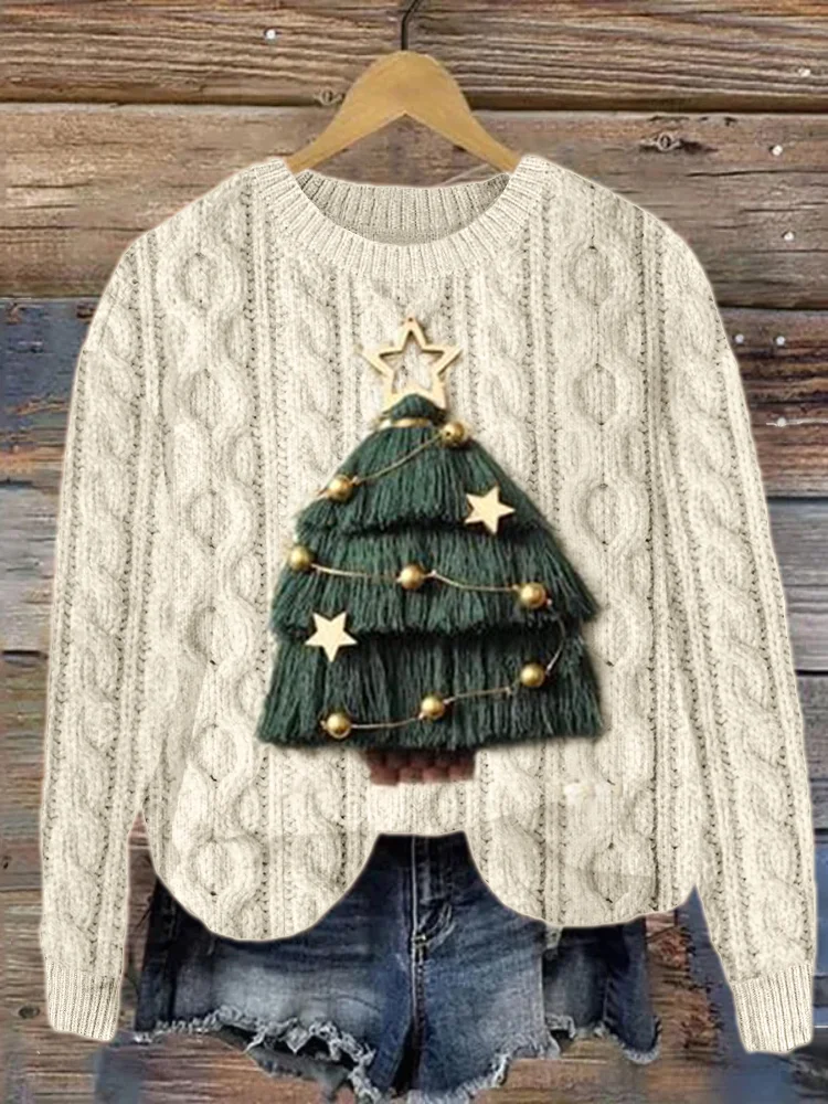 Christmas Tree Crochet Cable Knit Cozy Sweater