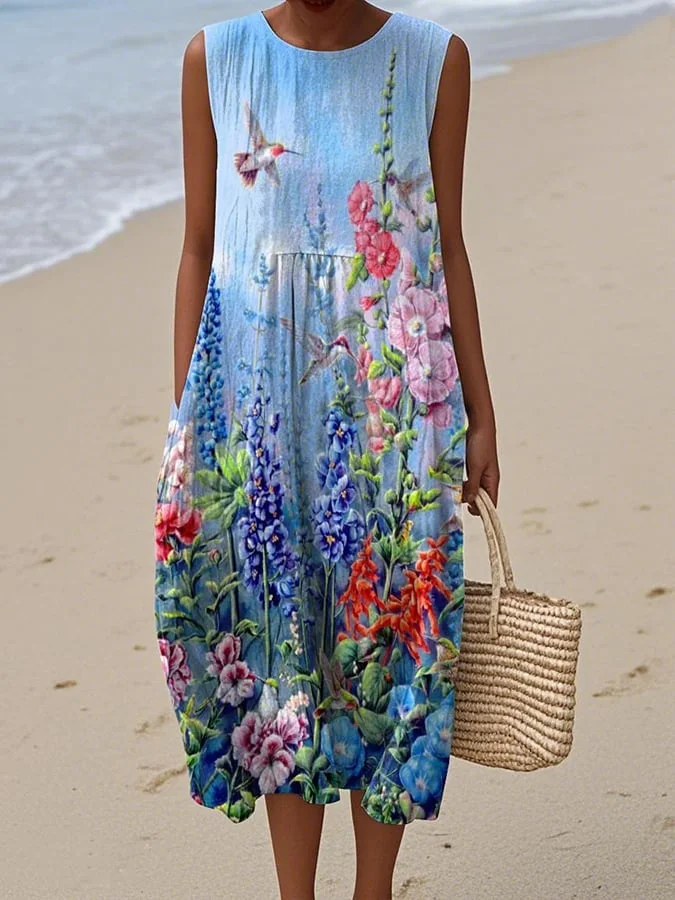 Women's Casual Floral Print Round Neck Sleeveless Dress 