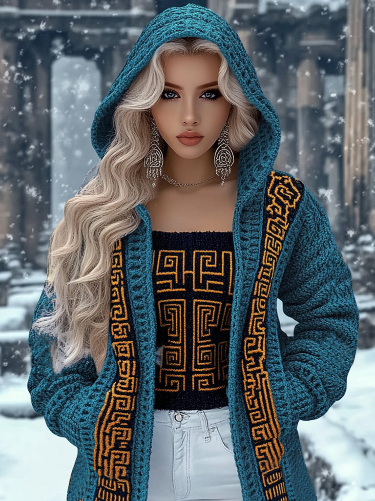 Vintage Greek Key Pattern Knitted Jacquard Hooded Cardigan Sweater
