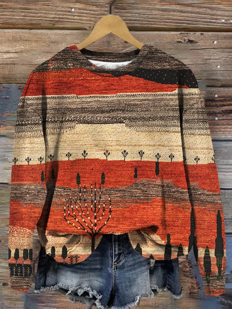 VChics Western Village Landscape Pattern Vintage Comfy Sweatshirt