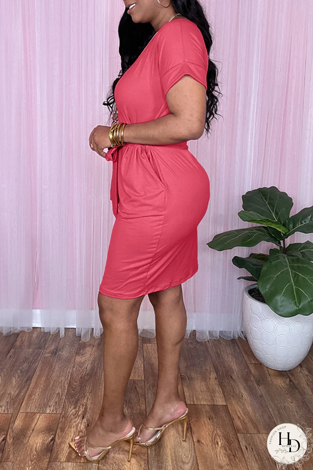 Rose Red Casual Print Patchwork O Neck Waist Skirt Dresses