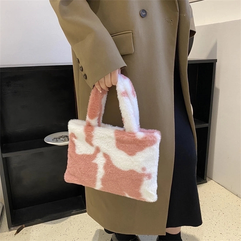 Women’s Medium Plush Color Block Streetwear Square Magnetic Buckle Handbag