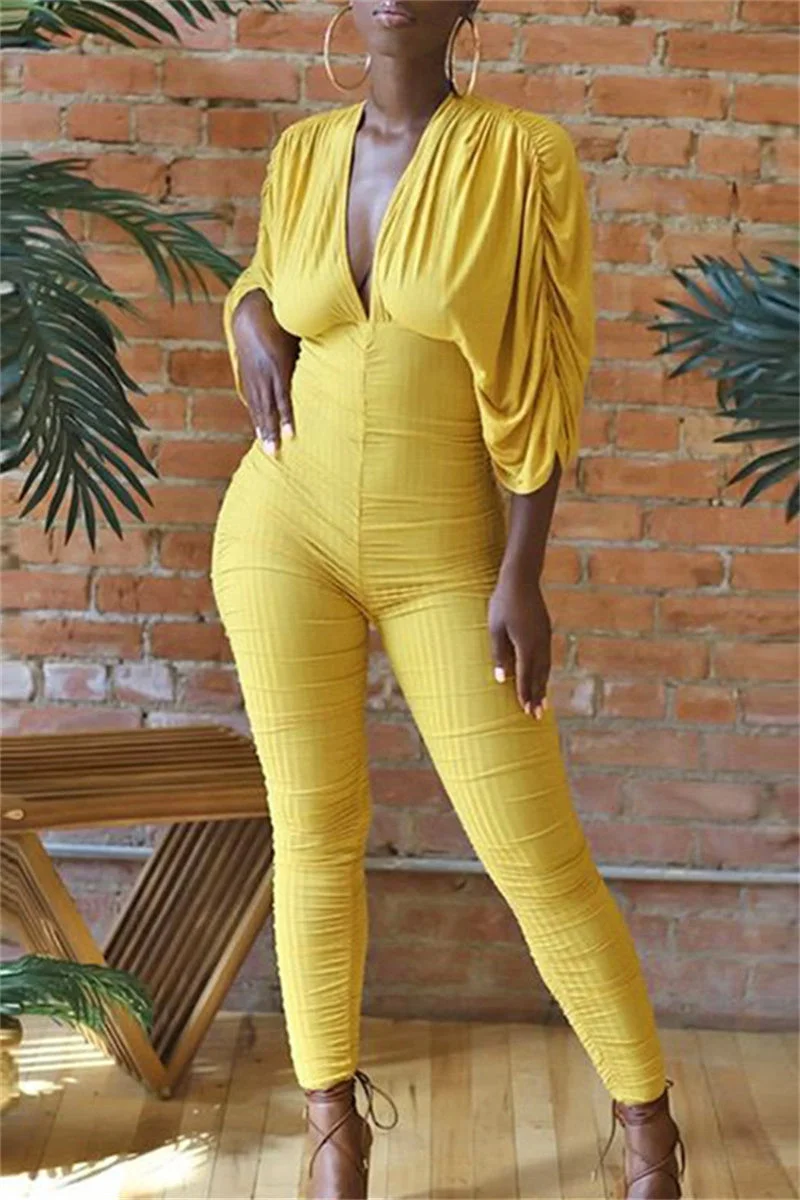 Fashion Casual Solid Bandage Backless V Neck Skinny Jumpsuits