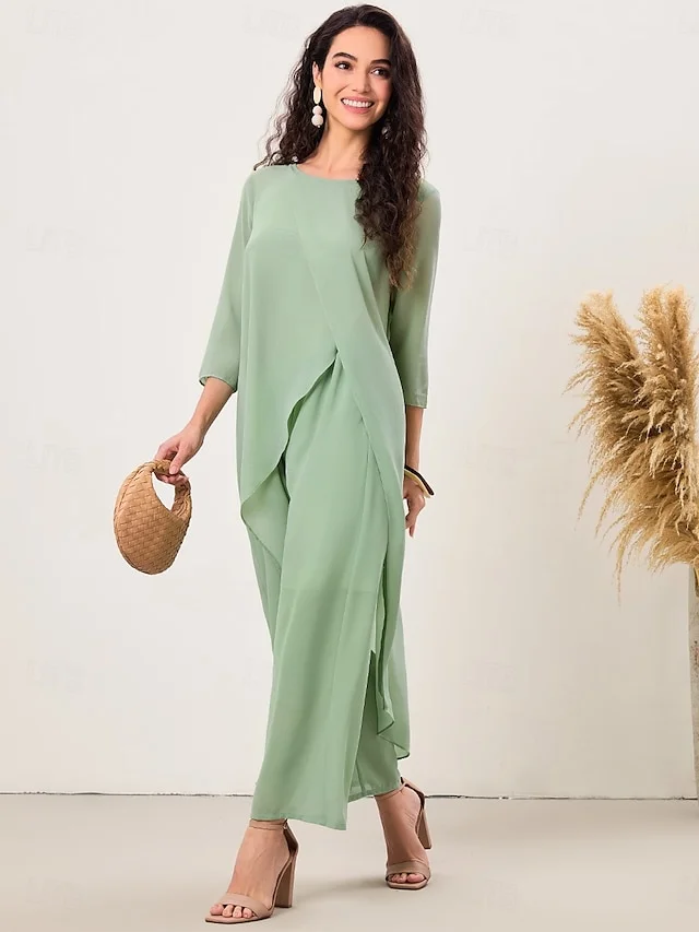 Women's Elegant Stylish Blouse Pants Sets Wide Leg Pants 3/4 Length Sleeve Crew Neck Solid Color Plain Ruffle Work Light Green Summer Slim