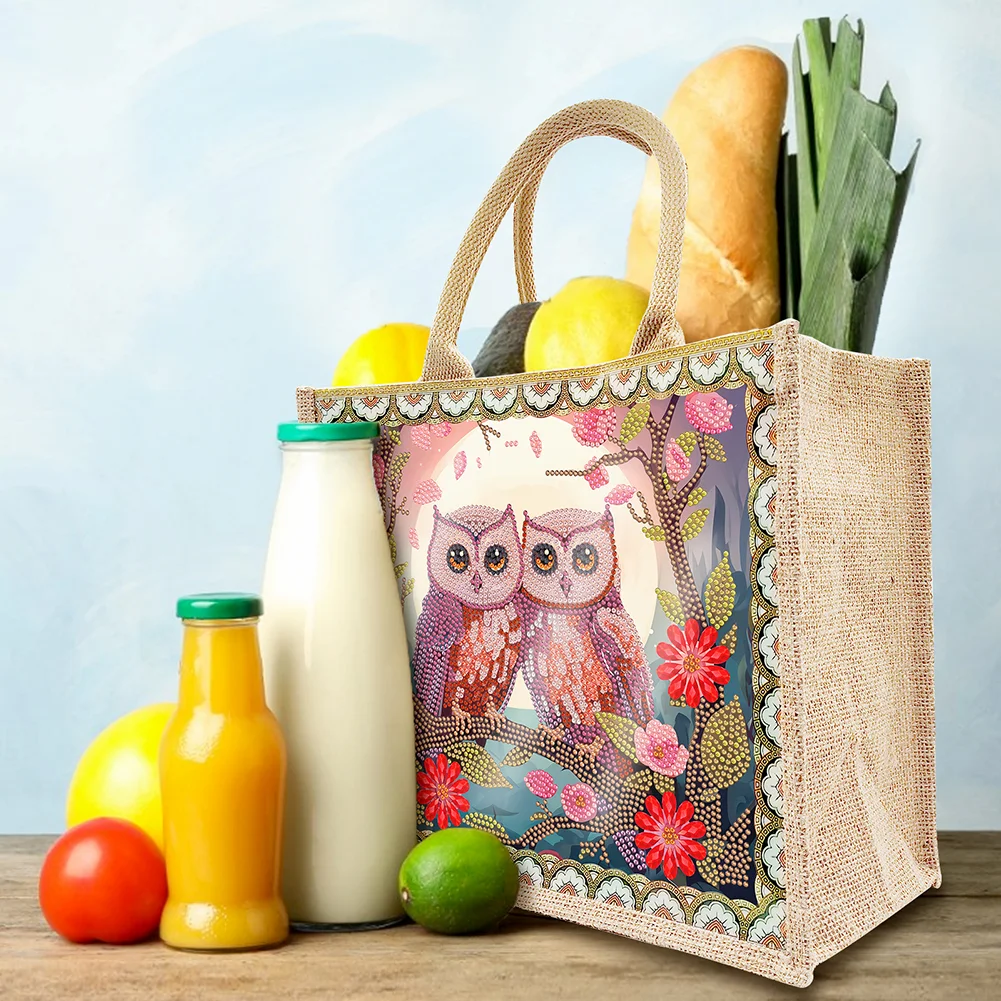 Linen Garden Owl Diamond Art Large Capacity Handbag Birthday Gift for Friends