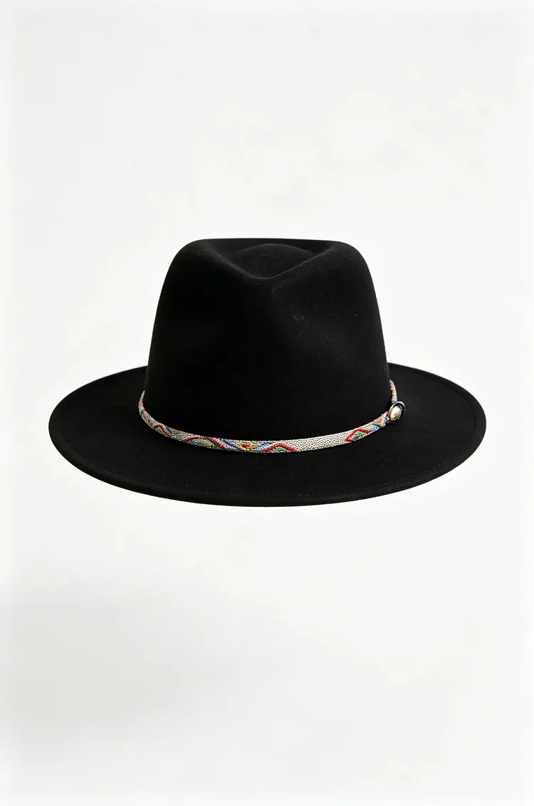 Black wool-blend flat-top hat with a wide, flat brim and colorful bead embellishments.