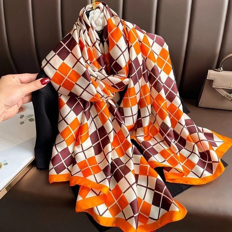 Women’s Fashion Letter Plaid Satin Printing Silk Scarves