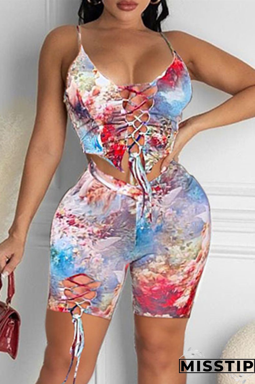 Colour Fashion Sexy Print Backless Strap Design Spaghetti Strap Sleeveless Two Pieces