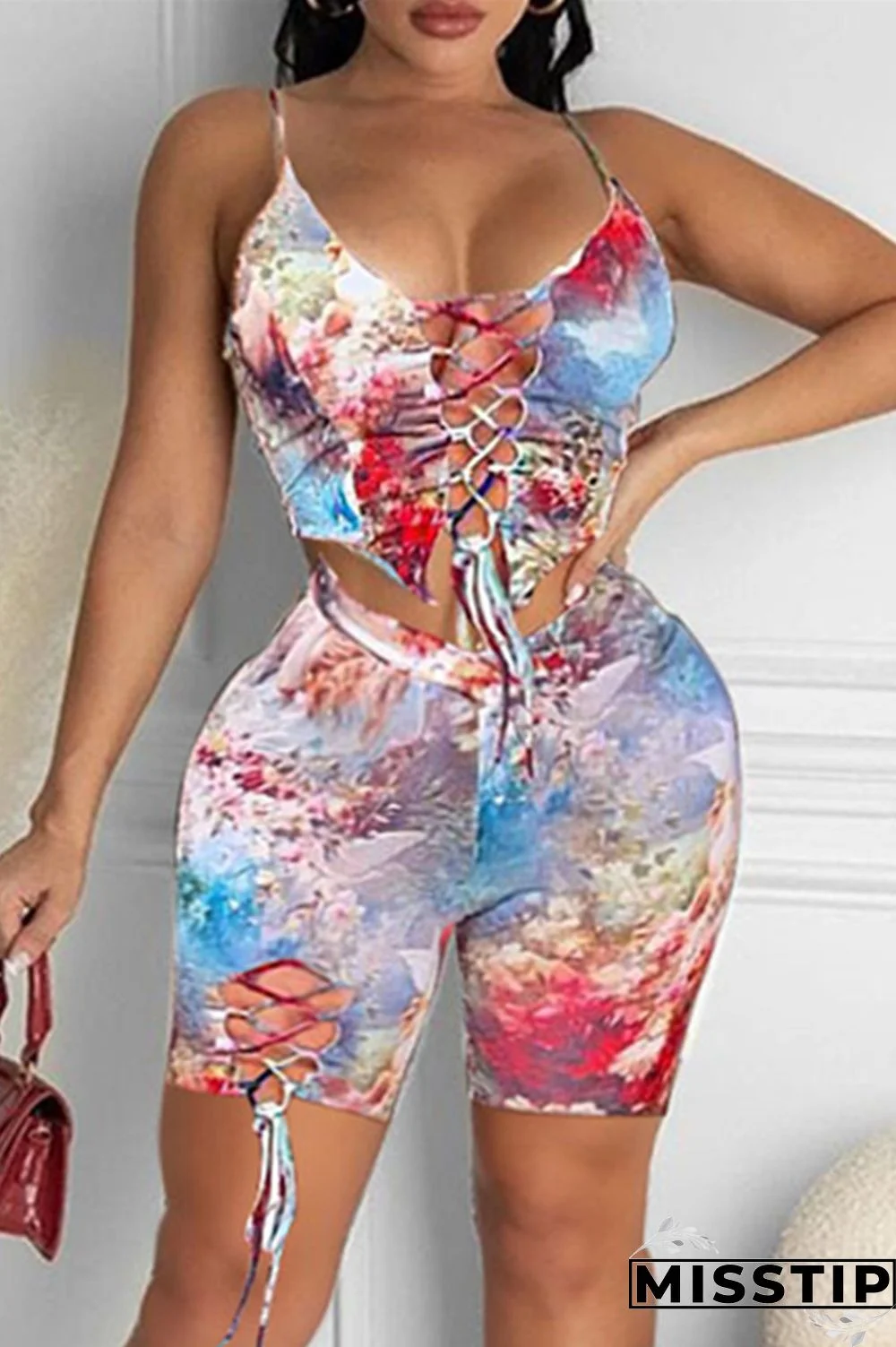 Colour Fashion Sexy Print Backless Strap Design Spaghetti Strap Sleeveless Two Pieces
