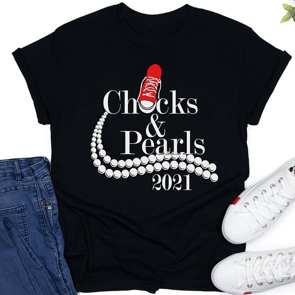 Graphic Tee Women, Cool T Shirt for Girl, "Chucks and Pearls" Shirts, Fashion Tops for Casual Wear - BlackFridayBuys