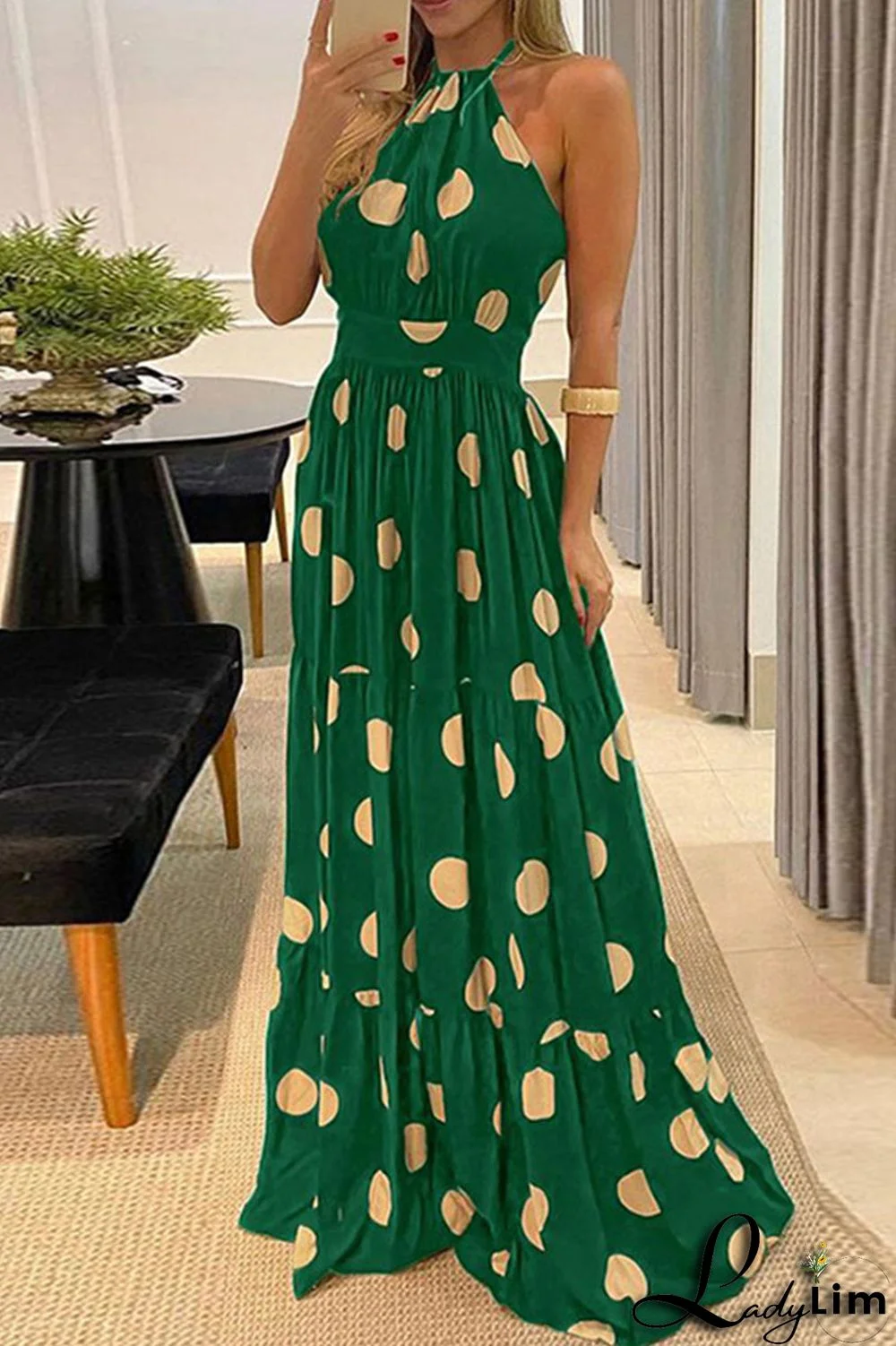 Green Casual Sweet Print Polka Dot Patchwork Backless Halter Straight Dresses