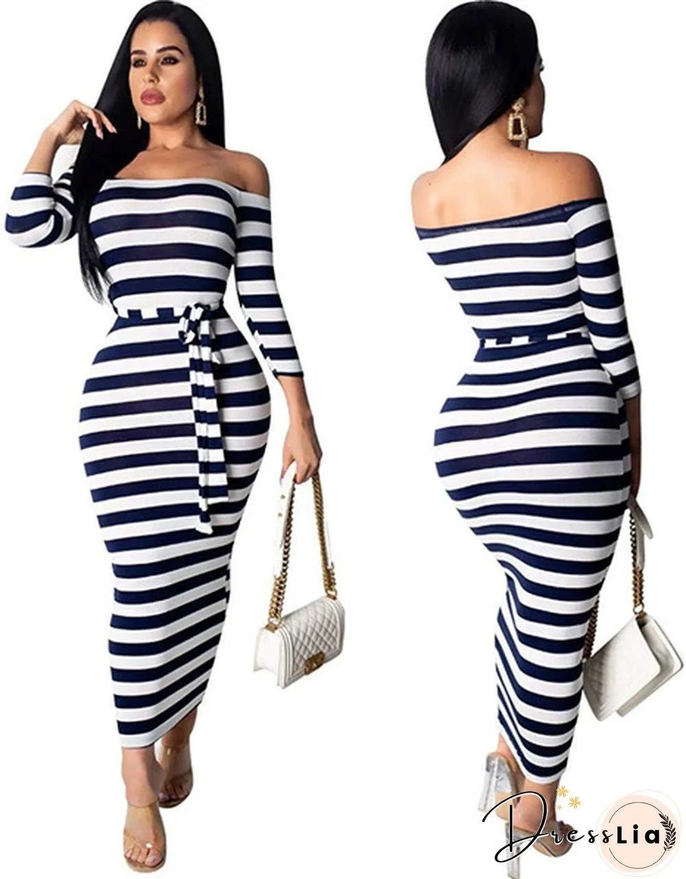 New Women's Fashion Off Shoulder Long Sleeve Midi Skirt Slim Stripe Party Dress Bodycon Dress