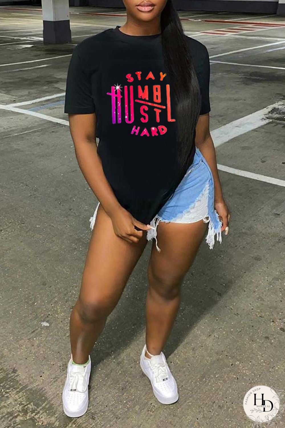 Black Fashion Casual Print Basic O Neck T-Shirts